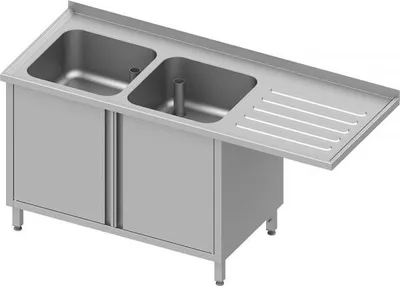 Produktbild von Spülschrank mit Flügeltüren und Überstand 1700x700x900 mm, mit zwei Becken links, mit Aufkantung, verschweißt