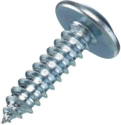 A close-up, isolated shot of a single metal screw against a white background.