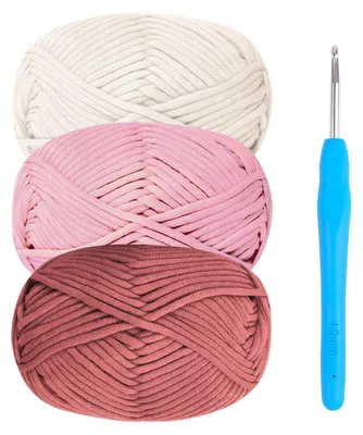 Image de Fil à crocheter en coton chenille, lot de 3 pelotes de 50g, avec un crochet de 4 mm. Fil mélange coton-nylon