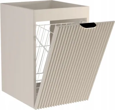 A rendering of a bathroom cabinet with a laundry basket inside and a slatted door partially open.
