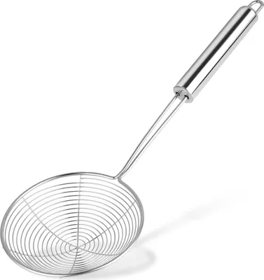 Produktbild von Edelstahl Schaumlöffel mit Griff, Drahtsieb zum Abtropfen, hitzebeständiges Suppensieb für Pasta, Gemüse und Braten, ergonomische Form für sicheres Kochen