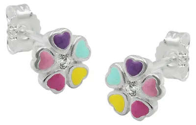 Produktbild von Paar Ohrstecker Blumen 6mm bunt lackiert mit Zirkonia 925 Silber Kinder