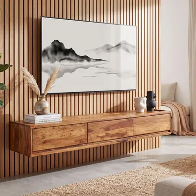 Image de FineBuy Buffet suspendu en bois massif de Sheesham 160x25x35 cm Armoire TV brune Table TV avec espace de rangement Armoire TV murale Moderne Commode TV
