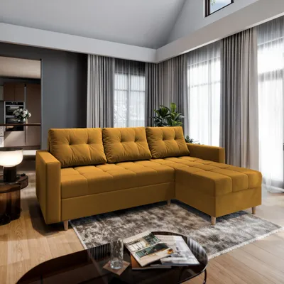 Zdjęcie produktu dla Narożnik Masseno MILO L z funkcją spania w kształcie litery L, sofa z pojemnikiem na pościel, sofa do salonu, kanapa, sofa rozkładana, zestaw wypoczynkowy - żółty, KRONOS 01