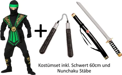 Produktbild von Kinder Kostüm Set  Combat - Ninja in grün - Kostümset Kämpfer in Gr. 116 - 158 cm inkl. Waffen 140 cm - 8-10 Jahre