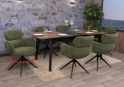 Produktbild von 6er-Set Esszimmerstuhl HWC-O77, Küchenstuhl Stuhl, drehbar Auto-Return, Stoff (310g/m²) Chenille   olivgrün