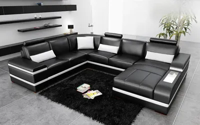 Image de Canapé d'angle en cuir avec éclairage LED, équipé de ports USB, de grande taille (XXL) et de forme en U. Ensemble de salon composé d'un canapé et d'une banquette