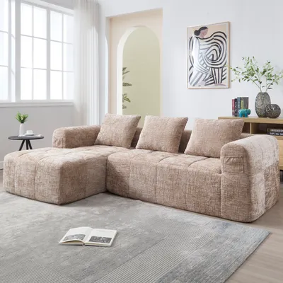 Immagine prodotto di Sweiko Divano componibile moderno, divano a L, divano a 3 posti, senza installazione, divano in ciniglia con chaise longue e braccioli, 3 cuscini, tasca laterale per telecomando, kaki