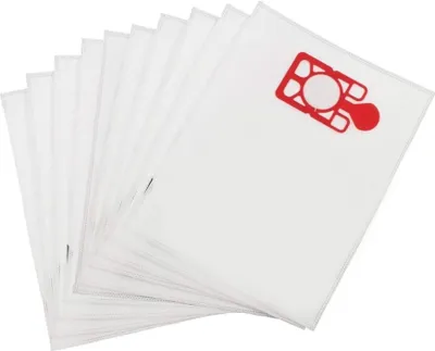 A stack of white vacuum cleaner bags, one of which has a red connector.