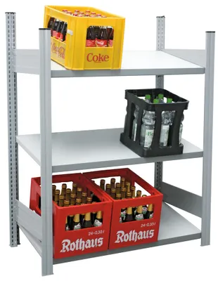 Produktbild von Getränkekistenregal, Stecksystem, Grundfeld, RAL 7035 lichtgrau, 3 Lagerebenen Spanplatte, BxTxH 976x500x1330 mm