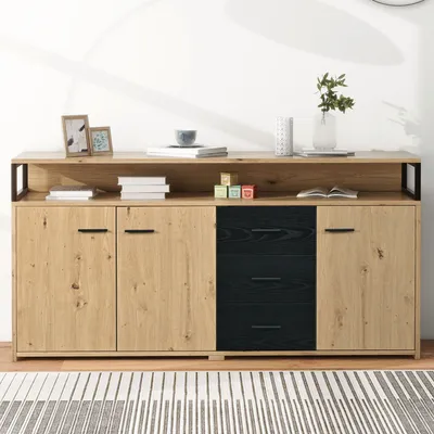 Image de Buffet Sweiko avec trois portes et trois tiroirs Armoire de cuisine, armoire de rangement Highboard 150x35x75.9cm