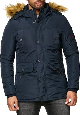 Produktbild von Herren Jacke Winter-Jacke Herren-Parka Kapuzen-Jacke Fell-Kragen Anorak A2B-5640 Dunkelblau L