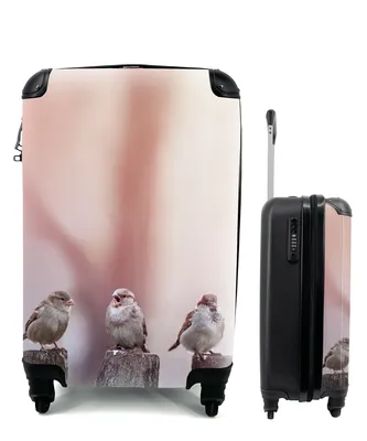 Produktbild von MuchoWow® Koffer Handgepäck Trolley Rollkoffer Kleine Reisekoffer mit 4 Rollen - Vögel - Spatzen - Pfähle - Holz - Cabin Size < 55x40x23 cm & 55x40x20 cm - Fotokoffer - Kabinenkoffer - Boardgepäck - Reise-Box - Reisekoffer - Reisegepäck - Koffer mit Bild - Trolley für Kinder
