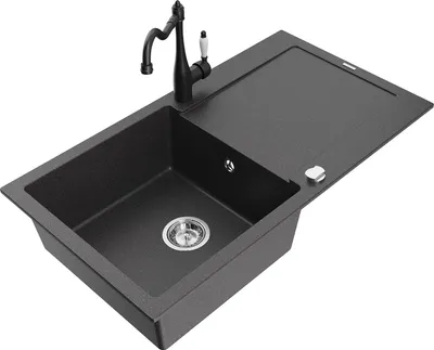 Produktbild von Mexen Leo 1 Becken-Granitspüle mit Abtropffläche und Mischbatterie Carla, Schwarz gesprenkelt - 6501-76-670700-70