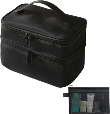 Produktbild von Tragbare Doppelschicht Make-up-Tasche wasserdichte Kulturtasche Gro?e Kapazit?t Reisekosmetiktasche Kosmetiktasche mit Bš¹rstenfach (Schwarzes Netz)