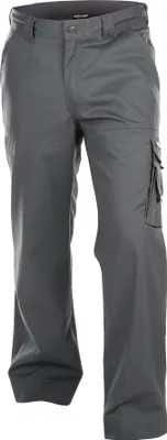 A pair of gray cargo pants is shown against a white background.