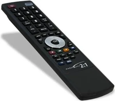 A black universal remote control is shown from a diagonal angle against a white background.