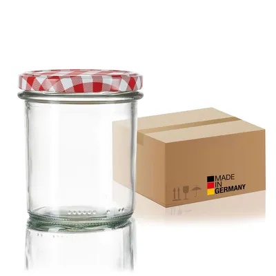 Produktbild von BigDean 60x Sturzgläser 350ml - Einmachgläser Einweckgläser Schraubgläser -  Germany - Marmeladengläser mit Schraub-Deckel TO 82 - Rot kariert