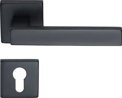 A black door handle set, including a lever handle and a keyhole escutcheon, is presented against a white background.