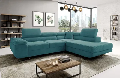 Produktbild von Easy4You Ecksofa Türkis Astorp Kord L-Form – 277 cm - Schlafsofa mit Bettkasten und Schlaffunktion - Eckcouch mit Stauraum und Metallfüße – Rechts – Stoff Kord Poso 26