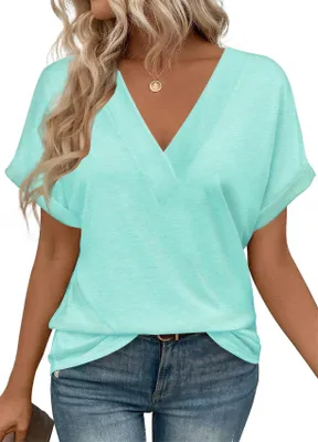 Produktbild von ASKSA Damen T-Shirt V-Ausschnitt Kurzarm Bluse Elegant Sommer Casual Einfarbig Shirts Basic Tunika Tops Locker Oberteile (Mintgruen,L)