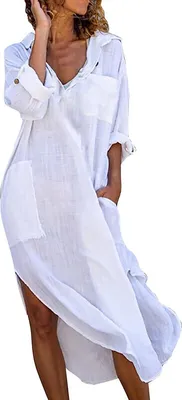 Produktbild von ASKSA Damen Elegant Kleider Einfarbig Lang Hemdkleid Midi Tunika Sommerkleider mit Taschen, Weiß, L