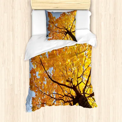 Produktbild von ABAKUHAUS Blätter Mantele, Ahorn-Blätter-Fall-Herbst, Milbensicher Allergiker geeignet mit Kissenbezügen, 135 cm x 200 cm - 80 x 80 cm, Orange Blue