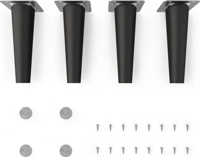 Four black furniture legs and associated hardware are laid out on a white background.