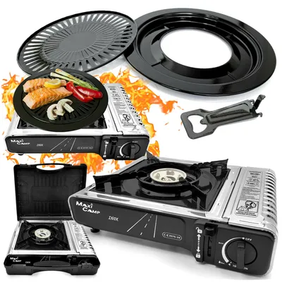 Produktbild von Gaskocher - Tragbarer Campingkocher - Edelstahl - für Kartusche - mit Transportkoffer und Grillaufsatz