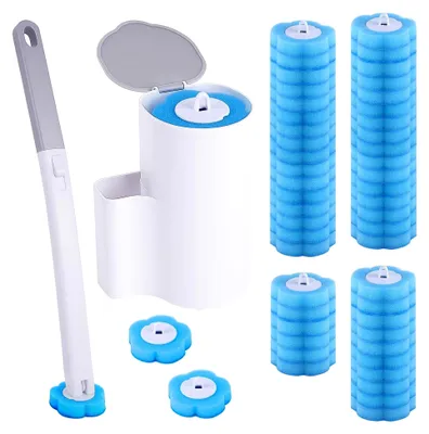 Produktbild von Einweg-Toilettenbürste mit 48 Reinigungsnachfüllungen und Wandhalterung, Hygienische WC Bürste für das Badezimmer