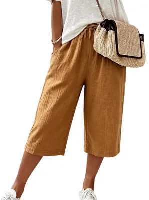 Produktbild von ASKSA Damen 3/4 Leinen Sommerhose Leicht Caprihose Bequeme Locker Hosen Freizeithose Strandhose mit Taschen Gelb L