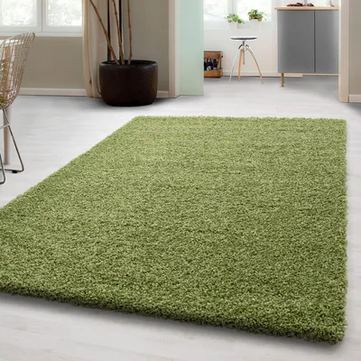 A green shaggy rug is placed on a light-colored floor in a room with furniture and plants visible in the background.