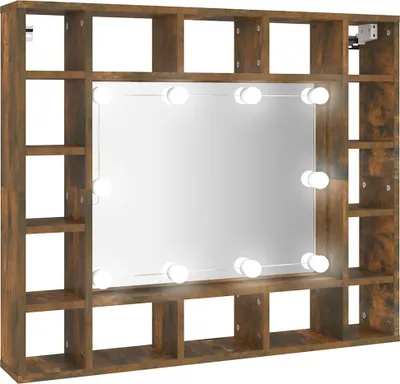 Imagen del producto de Espejo con armario y luces LED, color roble ahumado, 91 x 15 x 76,5 cm