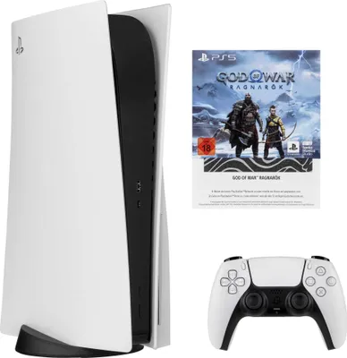 A Sony Playstation 5 console, a game case for God of War Ragnarök, and a white DualSense controller are displayed together on a white background.