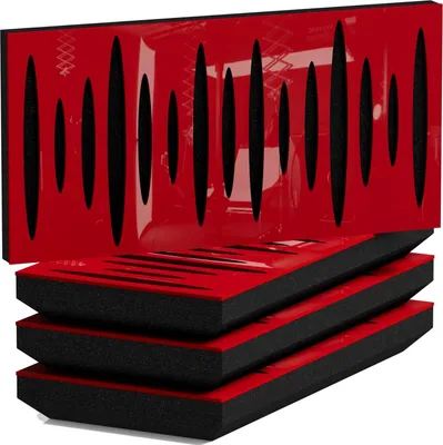 Obrázok produktu pre 4-balenie – Úzky akustický difúzny panel pohlcujúci zvuk | 25 x 50 cm | Odraz – Zvuková izolácia | Hrúbka – Farba: [53 mm | Lesklý červený plast]