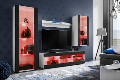 Produktbild von Komodee | Wohnwand mit TV-Schrank und Vitrine Tivoli Set Medio, Korpus Weiß Matt Frontfarbe Schwarz Matt, LED RGB