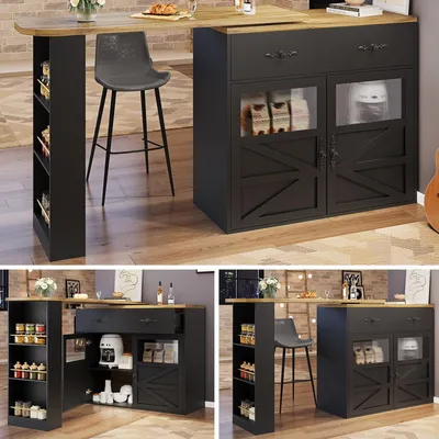 Obrázok produktu pre Výsuvný barový stôl s úložným priestorom (138-204 x 39 x 104 cm), otočná barová stolička o 360°, kuchynský ostrovček, komoda s policami, čierna farba