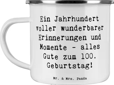 Produktbild von Mr. & Mrs. Panda Emaille Tasse Spruch 100. Geburtstag Erinnerungen - Weiß - Geschenk, Alter, Meilenstein, Campingbecher, Teetasse, Haferl, Glückwunsch, Pott, Glückwünsche