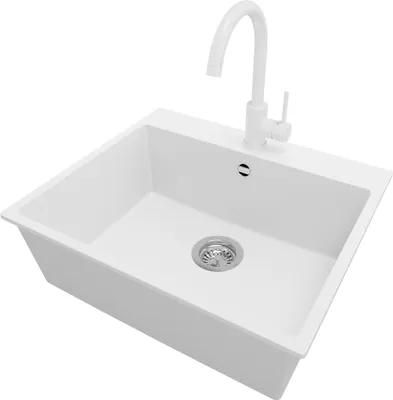 Produktbild von PRIMAGRAN Granitspüle Weiß 58x50cm, Spülbecken 1 Becken + Küchenarmatur 32x20cm + Ablauf-Set, Küchenspüle ab 60er Unterschrank - Riga