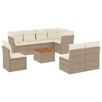 Produktbild von Modulares Garten-Sofa-Set 9-tlg., Poly Rattan Beige, mit Stauraum, Akazienholz-Tisch, UV-beständig, Kissen Cremeweiß
