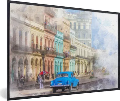 Produktbild von MuchoWow® Gerahmtes Poster Ein blauer kubanischer Oldtimer in der Innenstadt von Havanna 90x60 cm - Poster mit Schwarzem Bilderrahmen Wandposter Rahmen Foto Bilder - Fotorahmen - Foto-Plakat