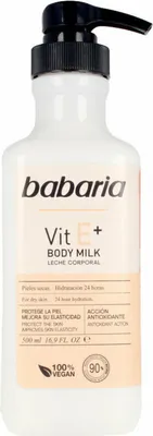 Produktbild von Babaria Vit E+ body milk, Milch, Frauen, Elastizität, Feuchtigkeitsspendend, Schutz, trockene Haut, Jeder Hauttyp, 500 ml, All ages