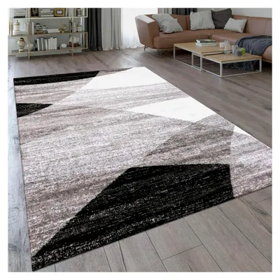 Produktbild von Teppich mit geometrischem Muster in Grau, Weiß und Schwarz, Kurzflor, Läufer für das Wohnzimmer, Maße: 160x220 cm