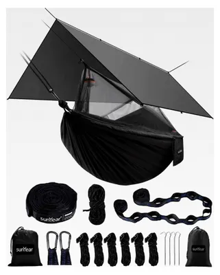 Produktbild von Camping-Hängematte mit Regenplane und Netz, tragbare Doppelbaum-Hängematte, für Outdoor und Indoor, Rucksackreisen, Reisen und Überleben, 2 Baumgurte, 100 % wasserdicht, schwarz