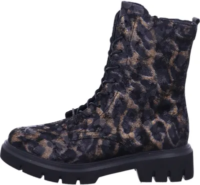 A single black and gold leopard print boot is shown against a white background.