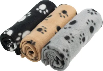 Three rolled-up fleece blankets with paw print patterns, displayed diagonally against a white background.
