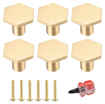 Image de Lot de 6 poignées de tiroir, boutons d'armoire en laiton, boutons de meuble hexagonaux, poignées métalliques vintage pour armoires, boutons dorés pour armoires de cuisine avec tournevis – 22 × 18 mm