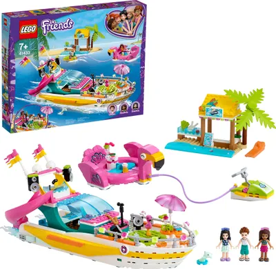 A Lego Friends Party Boat playset, including the box and individual components, set against a white background.