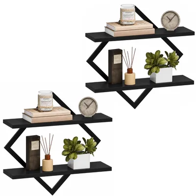 Produktbild von 2er Set Wandregal 2-stöckig Schwarz Metallrahmen MDF Schweberegal Hängeregal Wandablage Industrie-Design