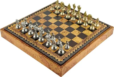 Produktbild von Römisches schachfiguren-set – massives metall + schachbrett kunstleder weltkarte 28